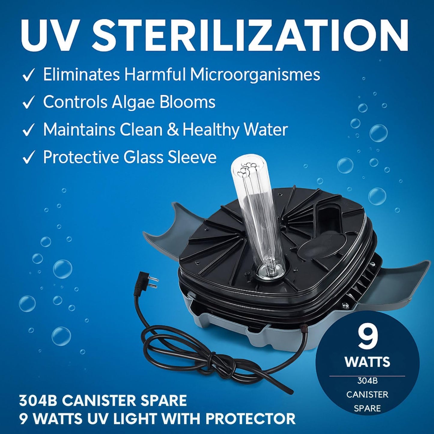 PetzLofeWorld Sun-Sun 304B Cannister Spare 9 Watts UV Light with Protective Glass Combo – Removes Water Cloudiness, Algae Control & Water Sterilization | Easy Installation