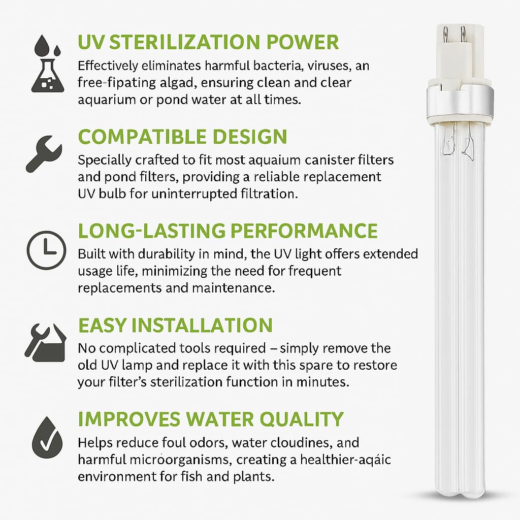 PetzLofeWorld Sun-Sun 304B Cannister Spare 9 Watts UV Light with Protective Glass Combo – Removes Water Cloudiness, Algae Control & Water Sterilization | Easy Installation