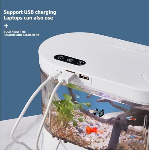 Petzlifeworld Desktop Mini Betta Fish Tank, 1.9L (21 * 11 * 19 CM), Mini Aquarium Starter Kit with USB Connector Hidden Filter, Plant Basket, LED Lighting & Button Control (Black)