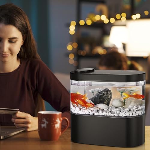 Petzlifeworld Desktop Mini Betta Fish Tank, 1.9L (21 * 11 * 19 CM), Mini Aquarium Starter Kit with USB Connector Hidden Filter, Plant Basket, LED Lighting & Button Control (Black)