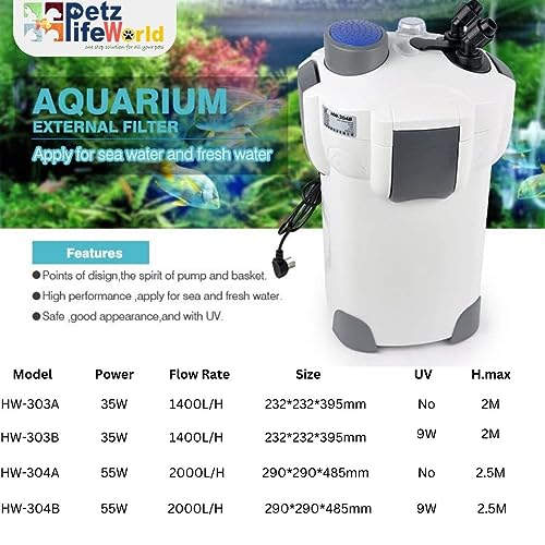 SUNSUN HW-303B | 35W | 1400L/H | H.max-2M | Multi Stage Aquarium External Outside Canister Filter & Filter Media Set (Pumice, Ceramic Ring & bio Ball) Size-232 * 232 * 395mm with 9W UV Light