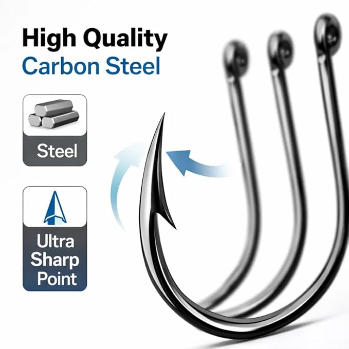 Petzlifeworld 100 Pcs Carbon Steel Fishing Hooks with Storage Box | Strong, Sharp & Rust Resistant Fish Hooks for Freshwater & Saltwater Fishing | Size 5