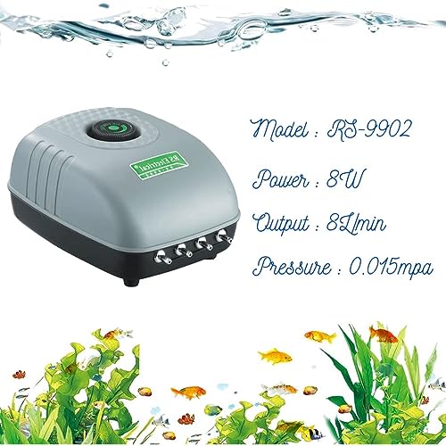 RS Electrical (RS-9902) Adjustable Type and Super Noiseless Aquarium Air Pump with Air Tube & Air Stone | Output :8L/Min | Power : 8W | Pressure : 0.015mpa (4 Air Outlets)