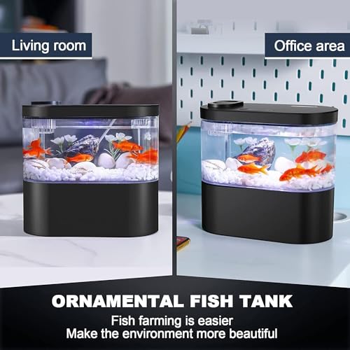Petzlifeworld Desktop Mini Betta Fish Tank, 1.9L (21 * 11 * 19 CM), Mini Aquarium Starter Kit with USB Connector Hidden Filter, Plant Basket, LED Lighting & Button Control (Black)