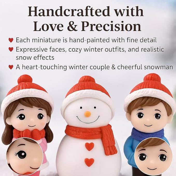 Petzlifewolrd (3 Pcs Resin Winter Couple & Snowman Miniature Figurines – Handcrafted Christmas Mini Scene Decor | Festive Tabletop, Car, or Shelf Display | Cute Valentine’s Day