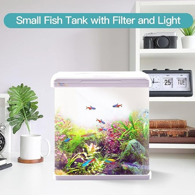 Petzlifeworld (RX-230 Pearling White) Aquarium Starter Kit Small Glass Betta Fish Tank Desktop with Filter Pump LED Light, Crystal Clear 360° Viewing, Shatter-Resistant & Leak-Proof Base