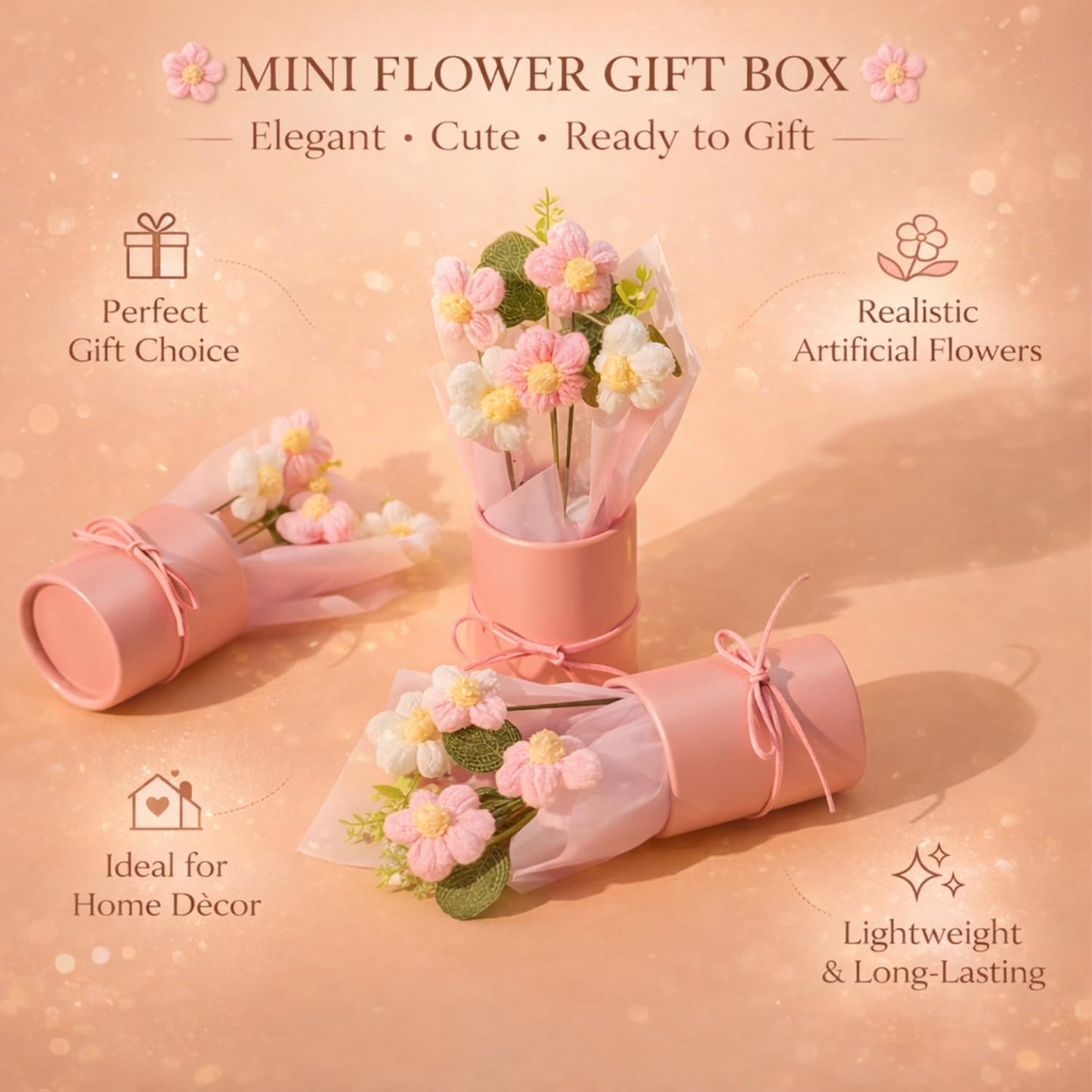 petzlifeworld Handmade Crochet Flower Bouquet with Pink Vase – Artificial Pink & White Daisy Flowers in Gift Box | Cute Home Decor for Desk, Bedroom, Office for Girls, Couples & Friends