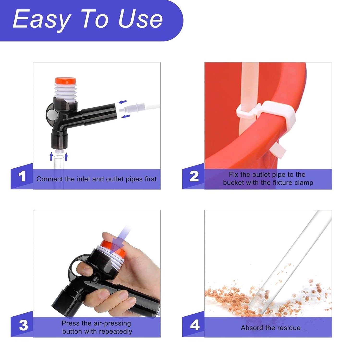 PetzLifeworld Quanlong QL-08G 3-in-1 Aquarium Gravel Cleaner – Press Type Water Changer with Glass Algae Scraper | Suitable for Tanks up to 92 cm Height