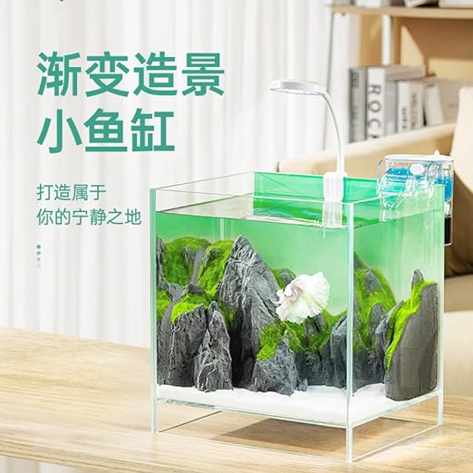 Nepall Ultra Clear 4K, 5MM Green Gradiant Mini Desk Top Aquarium Full Set with Mountain, Sand 500g, Light and Hang On Back Filter | Complete Nano Aquarium | 22 * 23.5 * 18 Cm