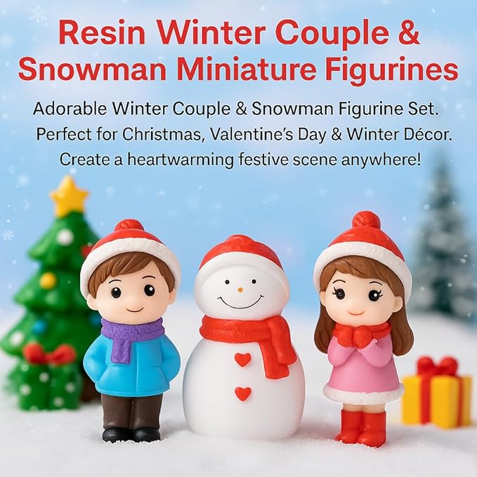 Petzlifewolrd (3 Pcs Resin Winter Couple & Snowman Miniature Figurines – Handcrafted Christmas Mini Scene Decor | Festive Tabletop, Car, or Shelf Display | Cute Valentine’s Day