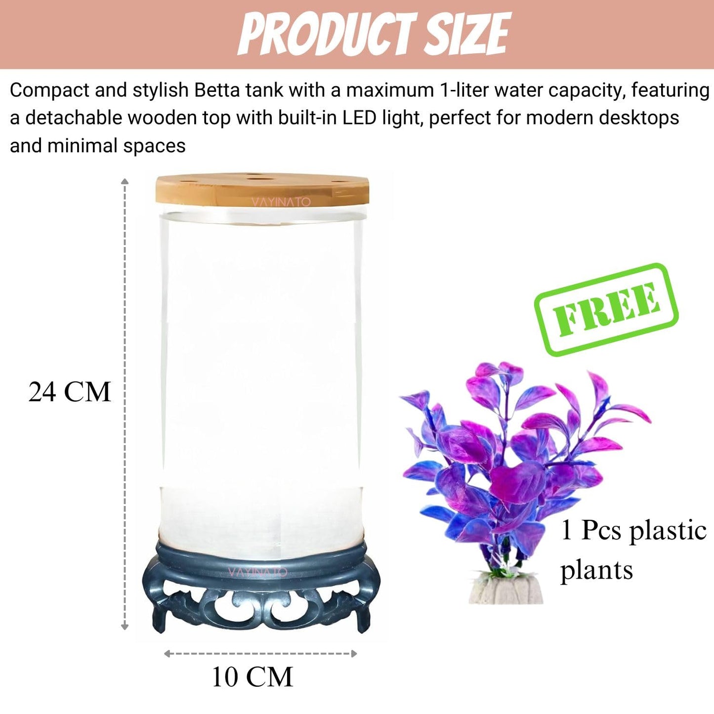 Petzlifeworld TP-10 Transparent Acyrlic Betta Tank with LED Light (WRGB) and Free 1 Plastic Plants (Maximum 1L Capacity)
