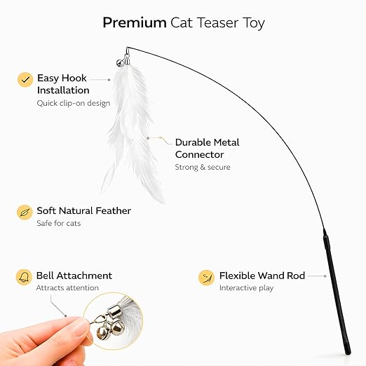 Petzlifeworld Premium Cat Teaser Wand Toy with Natural Feather & Bell – Interactive Flexible Rod Stick for Indoor Cats, Kitten Play, Exercise, Training, Hunting Instinct Stimulation & Stress Relief Pet Toy