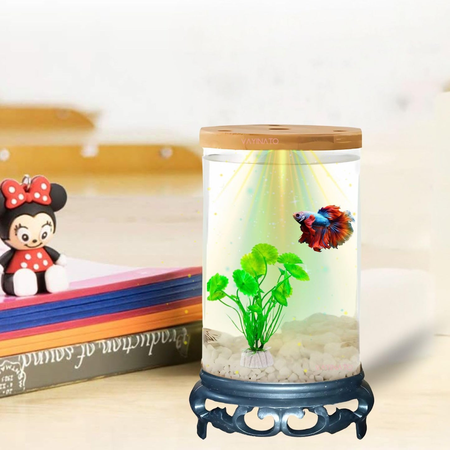 Petzlifeworld TP-10 Transparent Acyrlic Betta Tank with LED Light (WRGB) and Free 1 Plastic Plants (Maximum 1L Capacity)