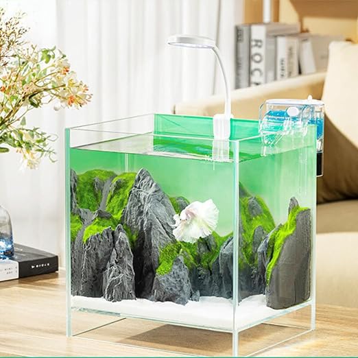 Nepall Ultra Clear 4K, 5MM Green Gradiant Mini Desk Top Aquarium Full Set with Mountain, Sand 500g, Light and Hang On Back Filter | Complete Nano Aquarium | 22 * 23.5 * 18 Cm