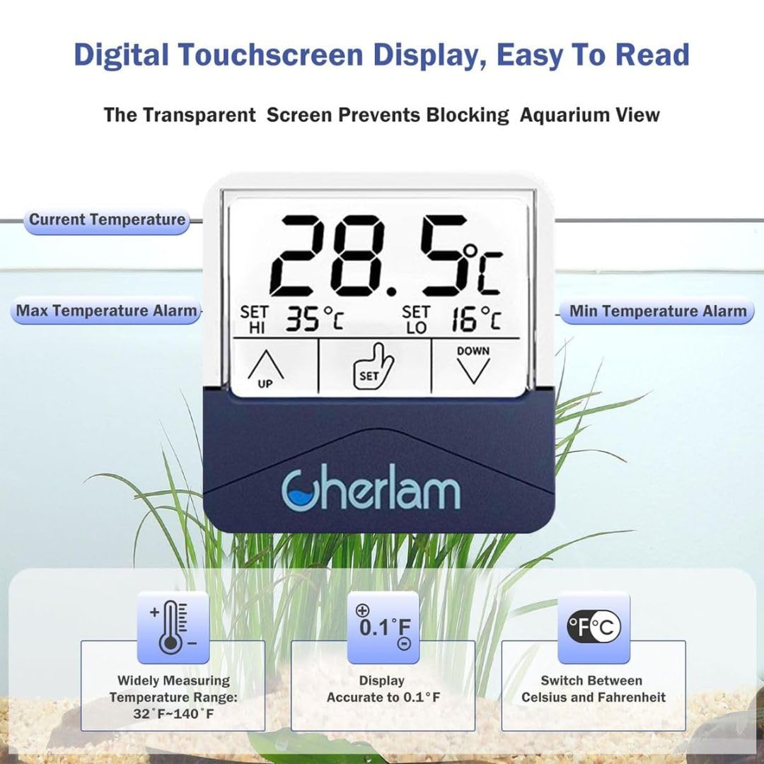 Cherlam Aquarium Digital Thermometer LCD Touchscreen with Transparent Display | Slim | Compact | Accurate | Suitable for Freshwater, Seawater by Petzlifeworld