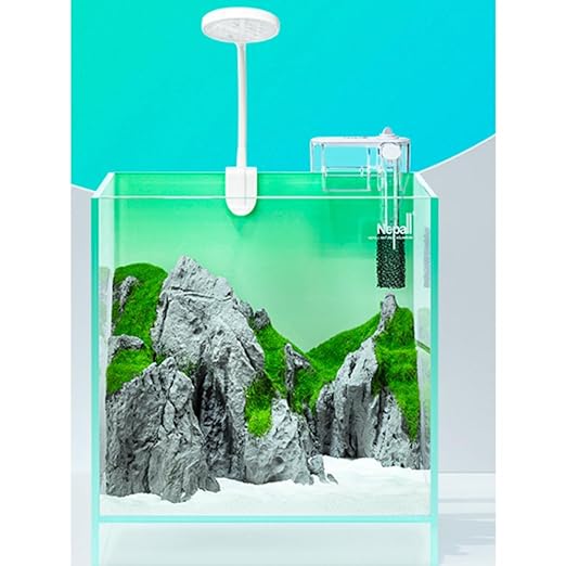 Nepall Ultra Clear 4K, 5MM Green Gradiant Mini Desk Top Aquarium Full Set with Mountain, Sand 500g, Light and Hang On Back Filter | Complete Nano Aquarium | 22 * 23.5 * 18 Cm