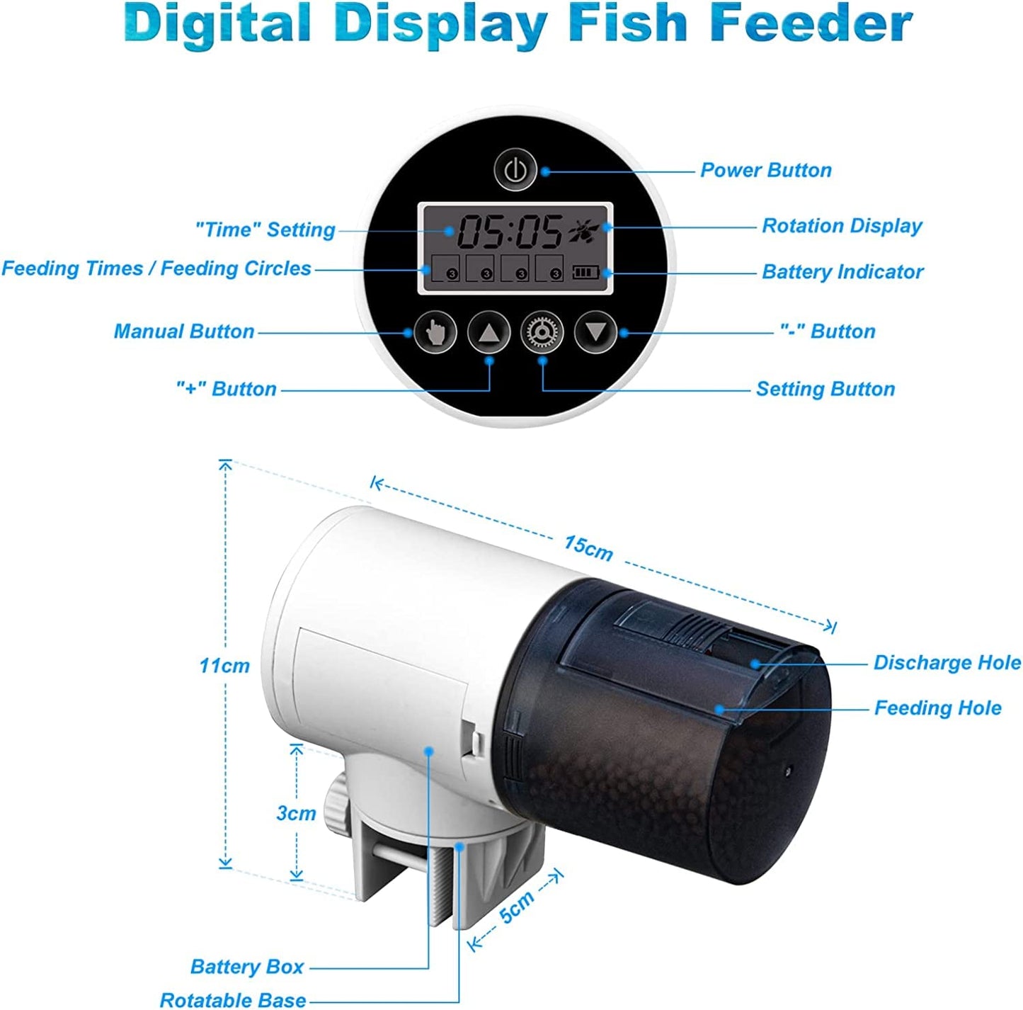 YEE YSQ-750 Four Mode (8Hr, 12Hr, 24Hr and 48Hr) Digital LCD Dispaly 360 Degree Adjustable Electric Automatic Fish Food Feeder Timer for Aquarium Fish Tank
