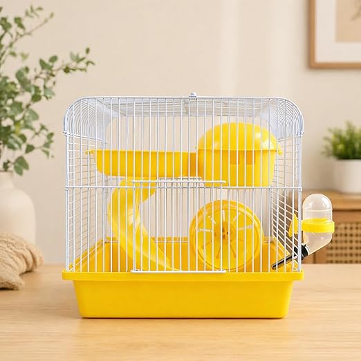 petzlifeworld BES-23 Hamster Cage with Tunnel Slide, Running Wheel & Hideout | Portable Small Pet Cage with Water Bottle for Hamsters & Mice (Random Color)