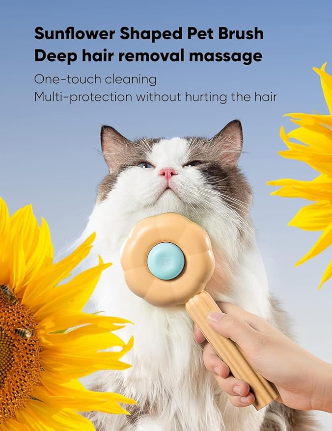 PetzLifeworld Sunflower Shaped One Click Pet Hair Removal and Massaging Stainless Steel Brush Comb With Skin Safe Tip For Both Dogs and Cat Grooming, Self Cleaning Pet Hair Shedding Tool