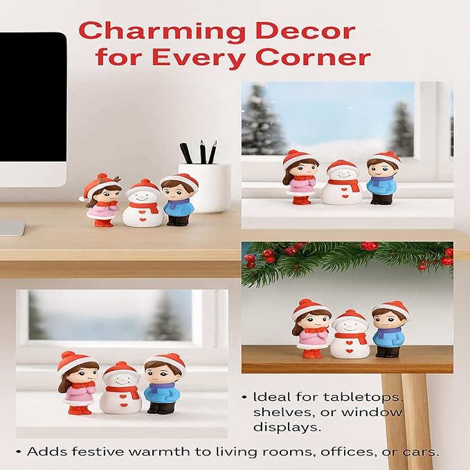 Petzlifewolrd (3 Pcs Resin Winter Couple & Snowman Miniature Figurines – Handcrafted Christmas Mini Scene Decor | Festive Tabletop, Car, or Shelf Display | Cute Valentine’s Day