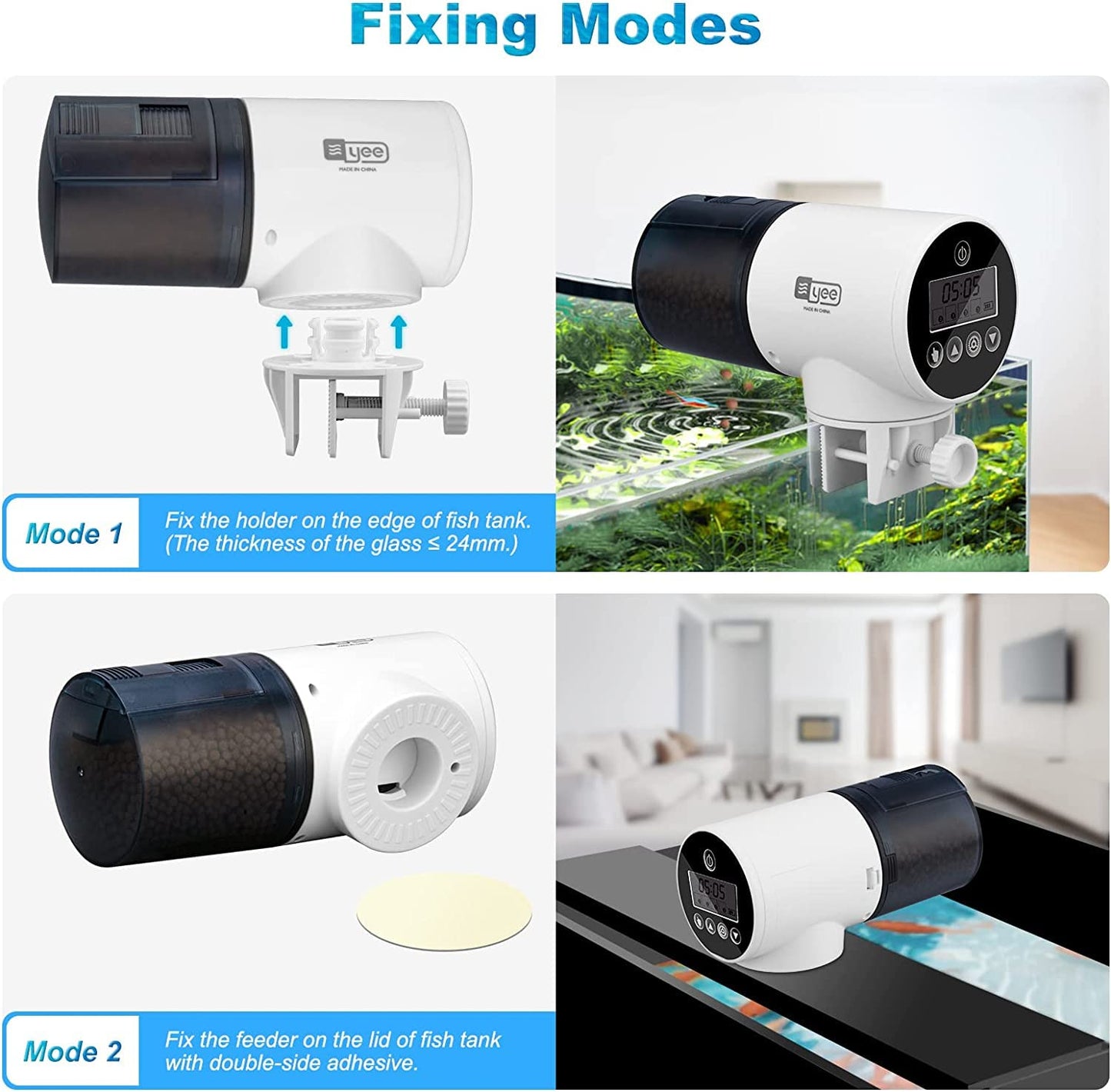 YEE YSQ-750 Four Mode (8Hr, 12Hr, 24Hr and 48Hr) Digital LCD Dispaly 360 Degree Adjustable Electric Automatic Fish Food Feeder Timer for Aquarium Fish Tank