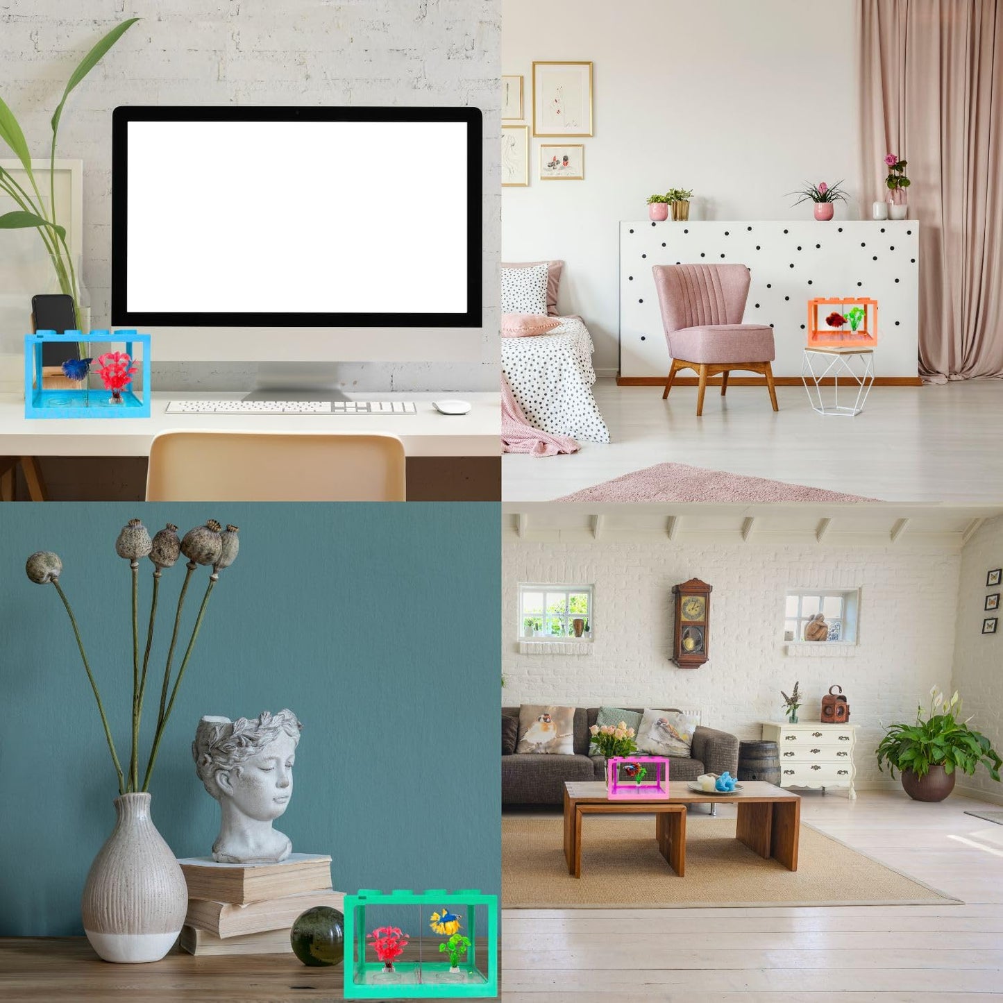 Petzlifeworld Transparent BL-B15 Transparent Acyrlic Betta Tank | Building Block Tank with Partition and Free 2 Plastic Plants - Random Color (Maximum 1L Capacity)