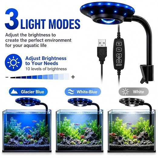 petzlifeworld FD-001 UFO Clip LED Aquarium Light | 3 Mode Fish Tank Light | 360ยฐ Flexible Gooseneck | DC 5V USB Powered | Fits 3โ5mm Glass | for Betta, Nano & Planted Aquariums