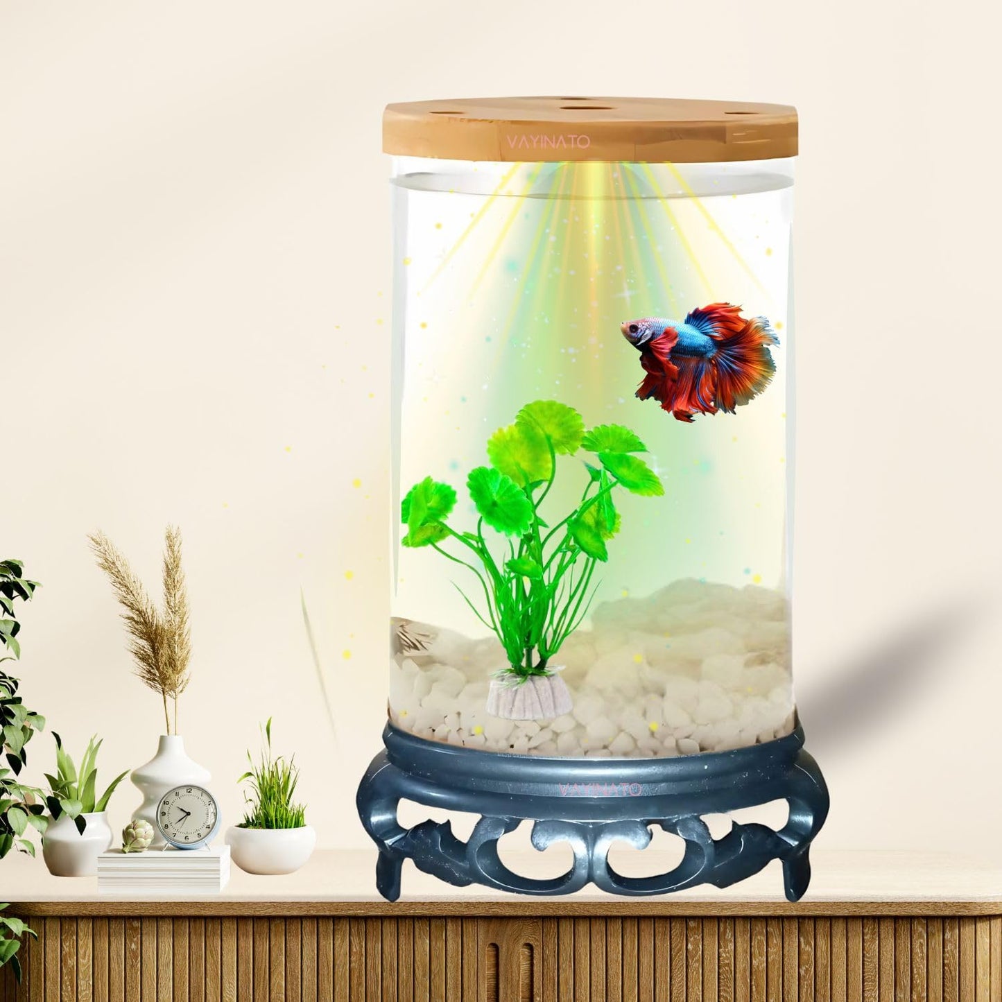 Petzlifeworld TP-10 Transparent Acyrlic Betta Tank with LED Light (WRGB) and Free 1 Plastic Plants (Maximum 1L Capacity)