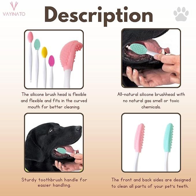 Petzlifeworld 4-Pack Silicone Curved Long Handle Toothbrush for Small & Large Dogs (Random Color) Dual-Sided Gentle Teeth & Tongue Cleaning Brush