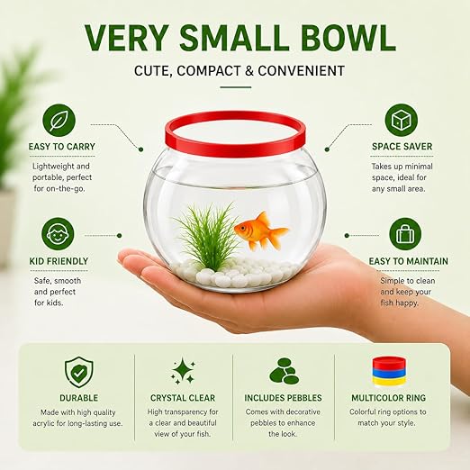 Petzlifeworld Mini Acrylic Fish Bowl (Bowl Only) with Open Ring Top (Random Color) 12.7 x 12.7cm Small Fish Tank for Betta, Goldfish | Cute Desktop Aquarium for Home, Office & Table Décor