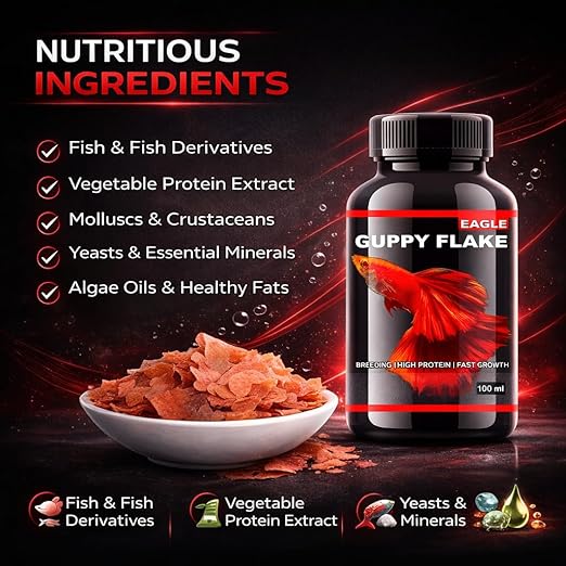 petzlifeworld Eagle Guppy Flake (100ml) High Protein Aquarium Fish Food | Ideal for Guppy, Tetra, Endler & Other Small Fish | Breeding Support, Fast Growth, Colour Enhancement | Added Vitamins & Minerals