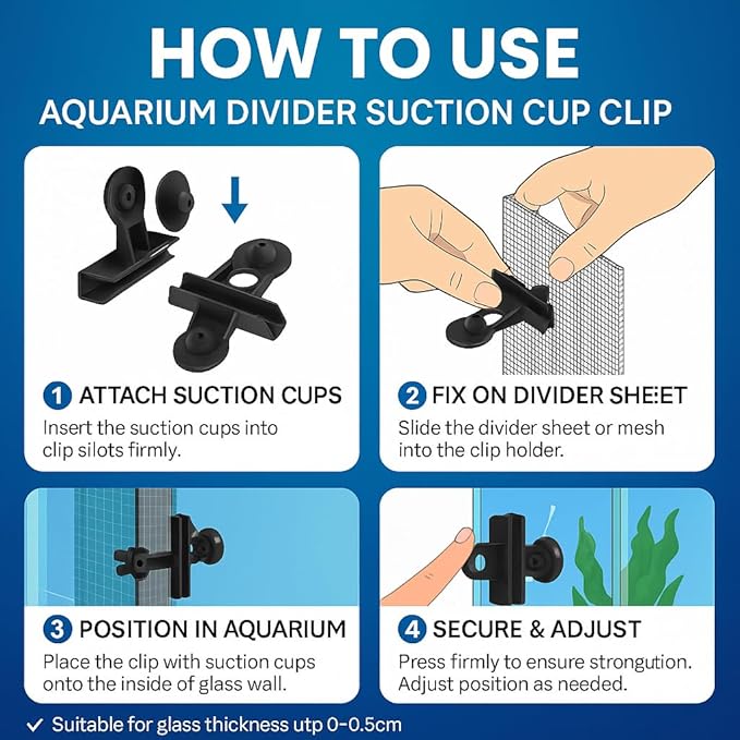 Petzlifeworld Black 4-Pcs Aquarium Divider Suction Cup Clips – Fish Tank Isolation & Breeding Partition Holder, Durable Plastic Glass Clip with Strong Suction