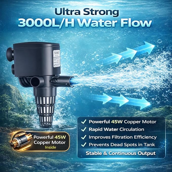 SOBO WP-4880 | 45W | 2M Lift Height Aquarium Submersible Pump 3000L/H High Flow Power Head | Multi-Function Water Circulation, Oxygenation & Filter Support for Freshwater & Marine Tanks