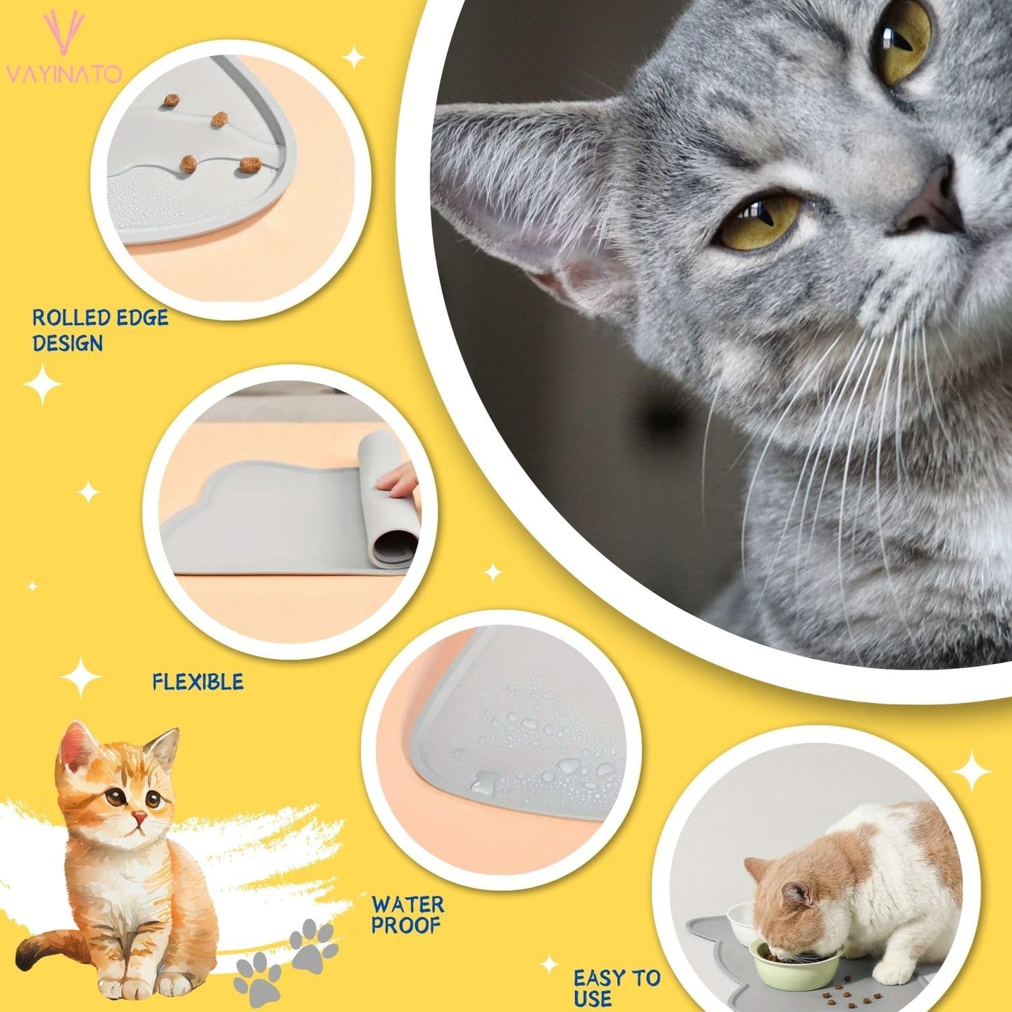 Petzlifeworld Cat Head-Shaped Grey Pet Feeding Mat with Raised Edges (44 * 24 cm) for Cats & Dogs