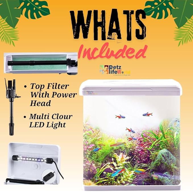 Petzlifeworld (RX-230 Pearling White) Aquarium Starter Kit Small Glass Betta Fish Tank Desktop with Filter Pump LED Light, Crystal Clear 360° Viewing, Shatter-Resistant & Leak-Proof Base