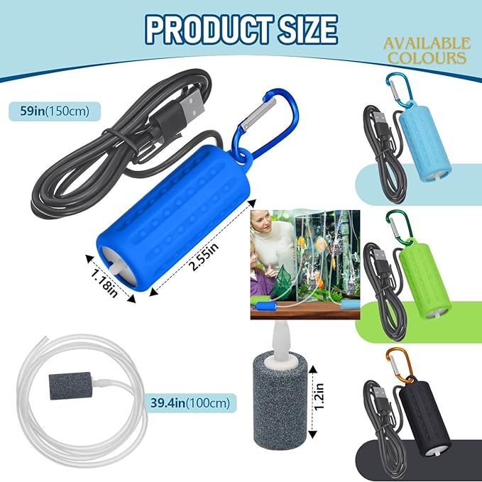 Petzlifeworld Mini USB Powered Compact Portable Silent Airpump with Airtube and Airstone for Aquarium Fish Tank, Outdoor Fishing (Random Colour)