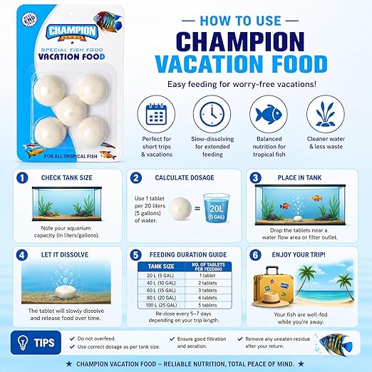 petzlifeworld Champion Vacation Fish Food Tablets Pack of 3 | Slow Dissolving Weekend & Holiday Feeding Blocks | Automatic Fish Feeder Food for Tropical Aquarium Fish | Clean Water Formula