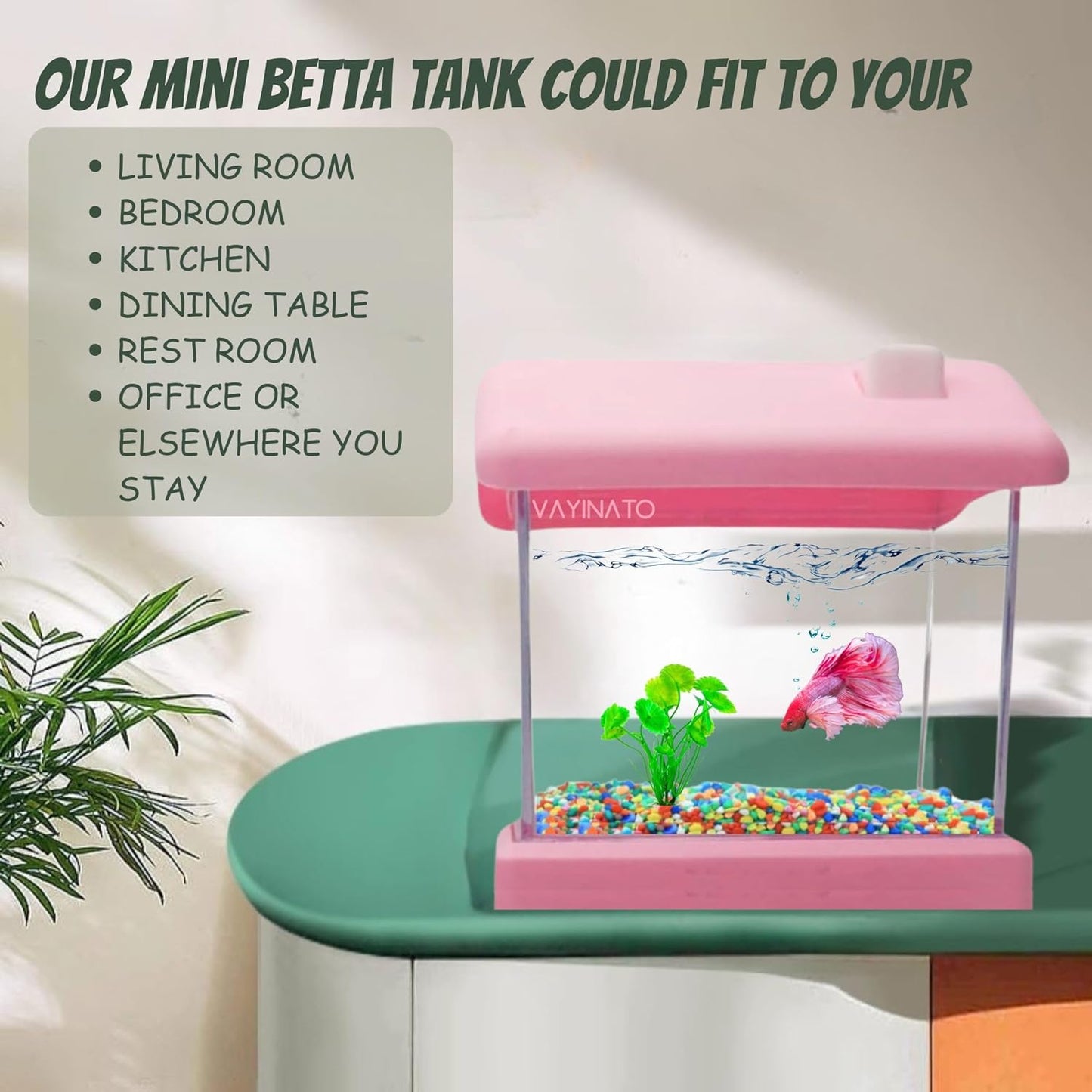 Transparent Acyrlic Betta (Home Model) Fish Tank with Mini Plastic Plants - Random Color (Maximum 500ML Capacity)