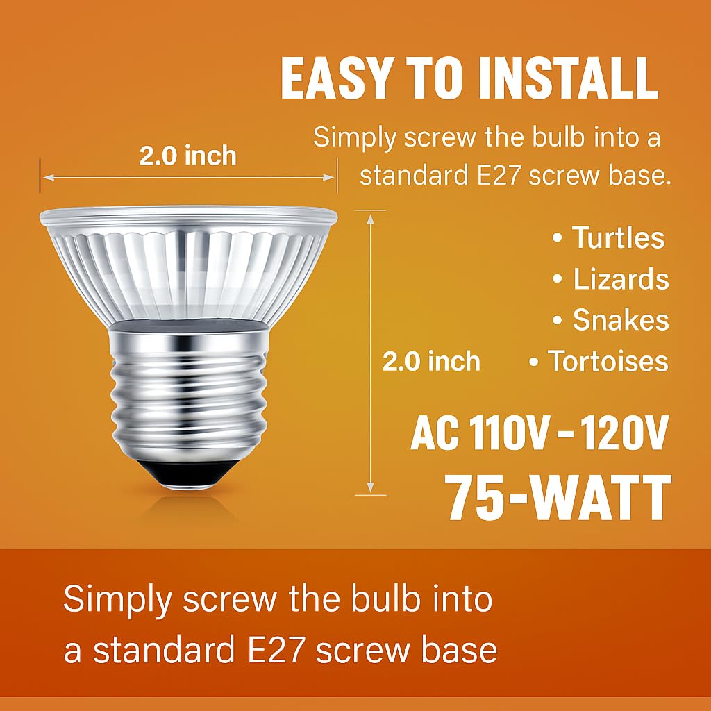 PetzLifeWorld 75W Full Spectrum UVA + UVB Halogen Basking Lamp – E27 Reptile Heat Light Bulb for Turtles, Lizards, Snakes, Amphibians & Terrariums