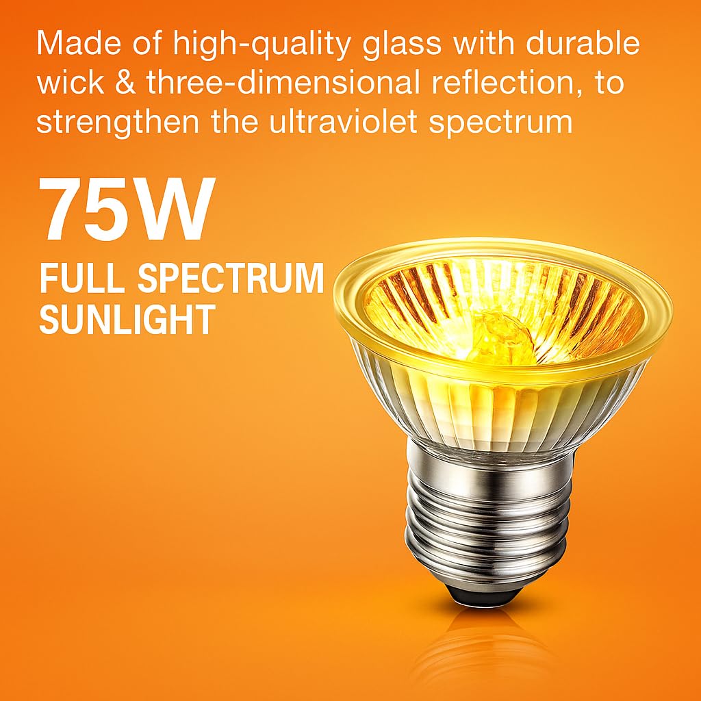 PetzLifeWorld 75W Full Spectrum UVA + UVB Halogen Basking Lamp – E27 Reptile Heat Light Bulb for Turtles, Lizards, Snakes, Amphibians & Terrariums