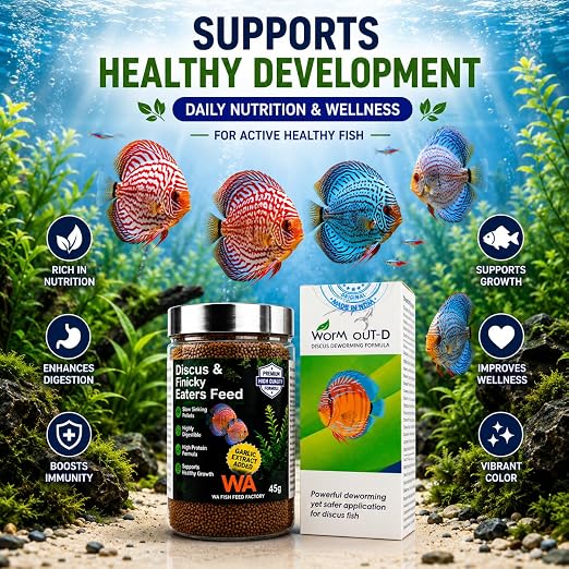 Petzlifeworld Complete Discus Fish Care Combo - WA Discus & Finicky Eaters Feed 45g +AR Worm Out-D | High Protein Nutrition & Internal Wellness Support