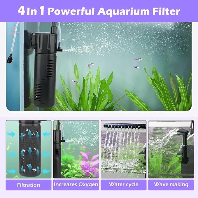 VAYINATO® BL-99E | 18W 4-in-1 Submersible Aquarium Internal Filter | 1000L/H Flow Rate | Adjustable Speed | Ultra Quiet | Ideal for 2 Feet Fish Tanks (Black)
