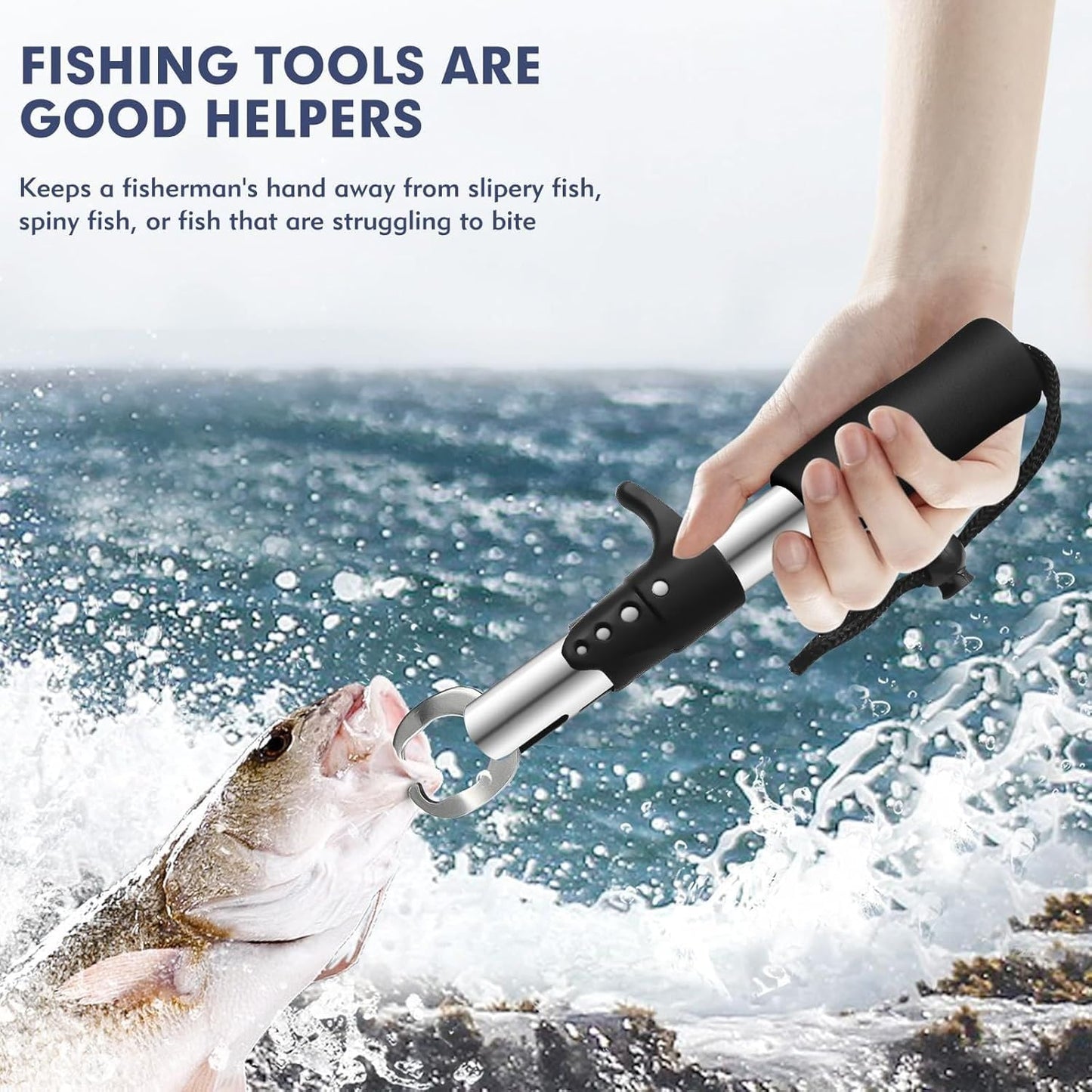 VAYINATO® Heavy-Duty Fishing Lip Grip Clamp | Foldable Fish Gripper with Non-Slip Handle & Hook Loop | Portable Tool for Freshwater, Saltwater & Ice Fishing