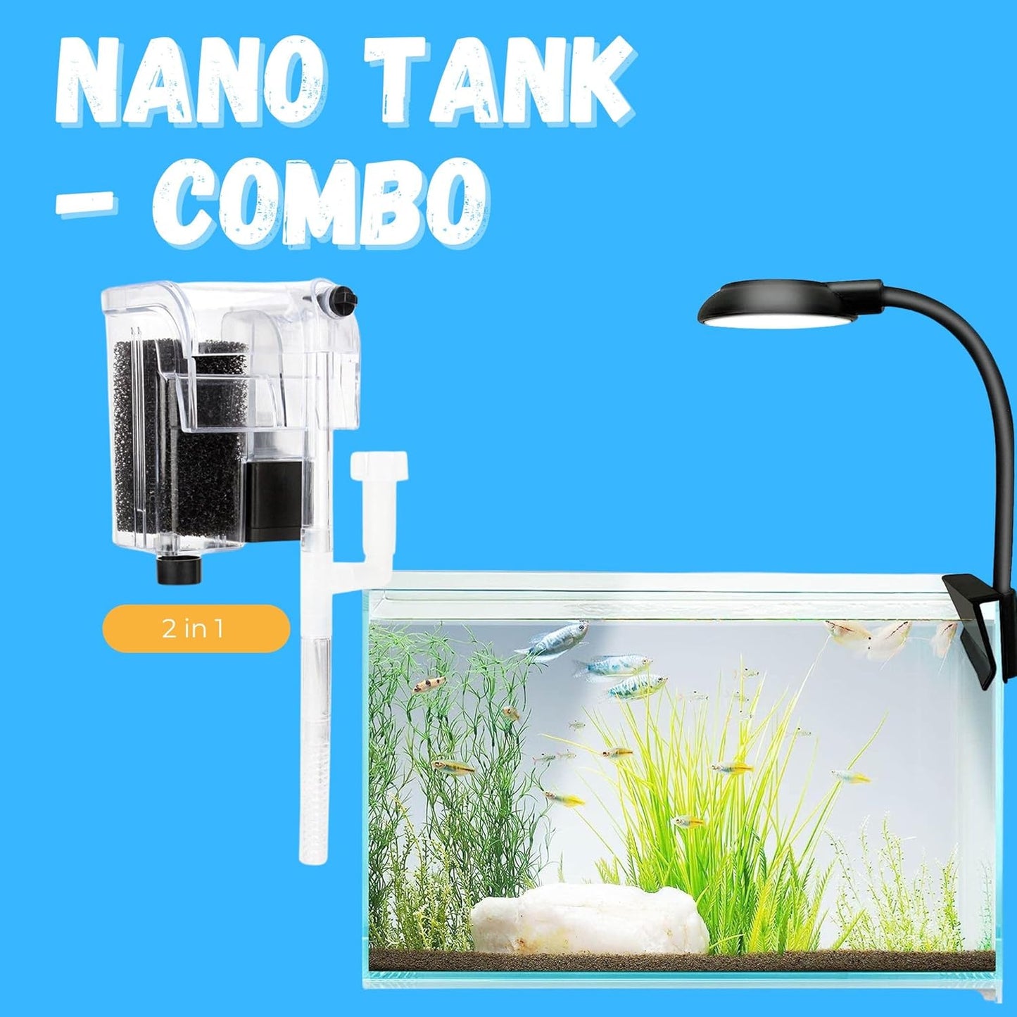 VAYINATO Nano Aquarium Combo – Clip-On LED Light & Hang-On Back Filter for Small Fish Tanks – Ideal for Betta, Shrimp & Planted Nano Aquariums and Bowl (Up to 20L)- (Tank Not Included)