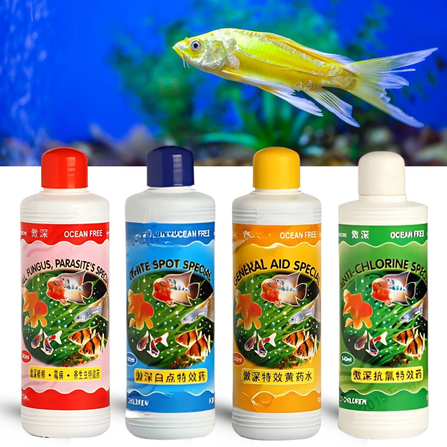 Ocean Free Aquarium Fish Care Combo Pack (240ml*4) - General Aid Special, Gill Fungus Special, White Spot Special, Anti-Chlorine