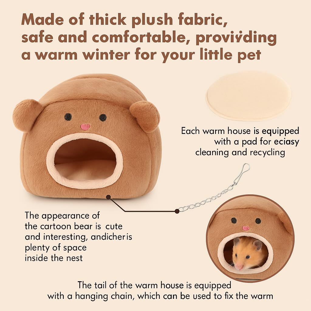PetzLifeWorld Plush Hamster House โ Cozy Bear-Shaped Hideout with Hanging Chain, Removable Pad & Spacious Interior โ Soft, Warm Bed for Hamsters, Gerbils, Mice & Small Pets