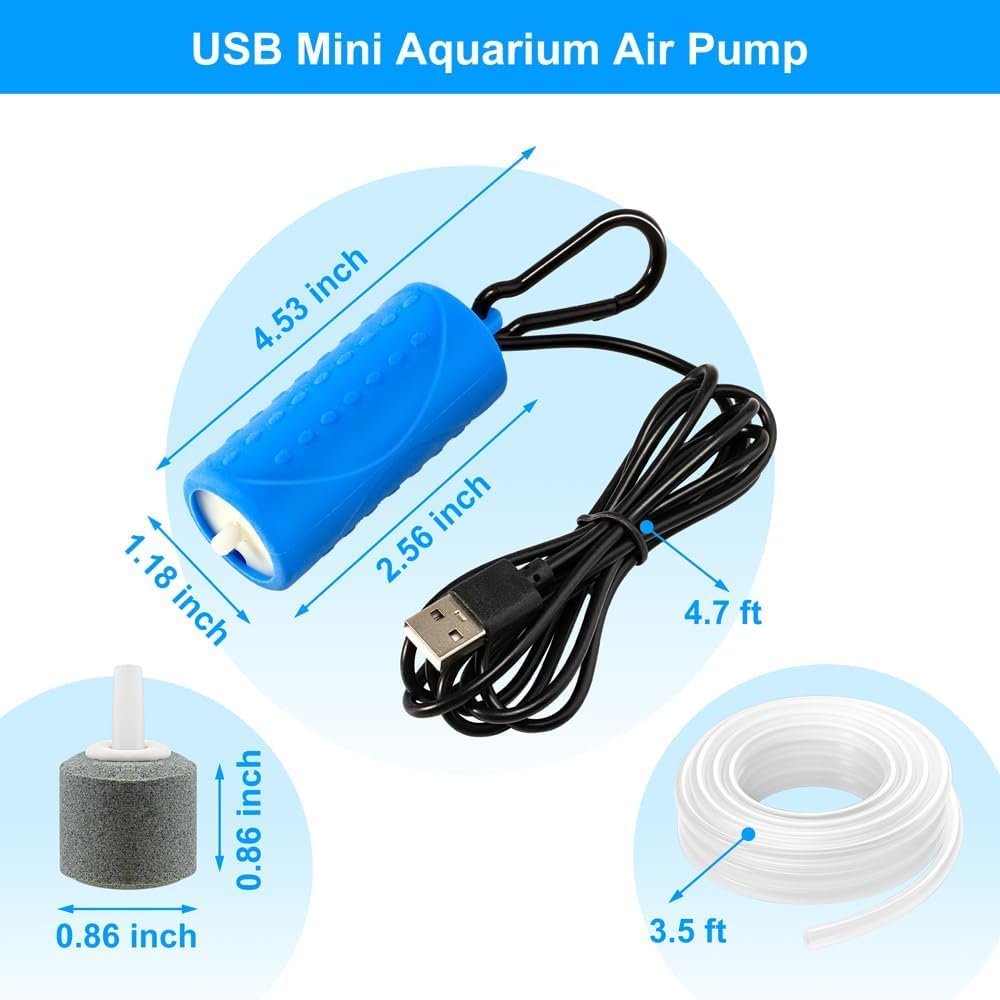 VAYINATO USB Mini Aquarium Air Pump – Ultra Quiet Oxygen Aerator with Hanging Clip, Airline Tubing & Air Stone – Portable & Energy-Efficient for Small Fish Tanks & Bowls