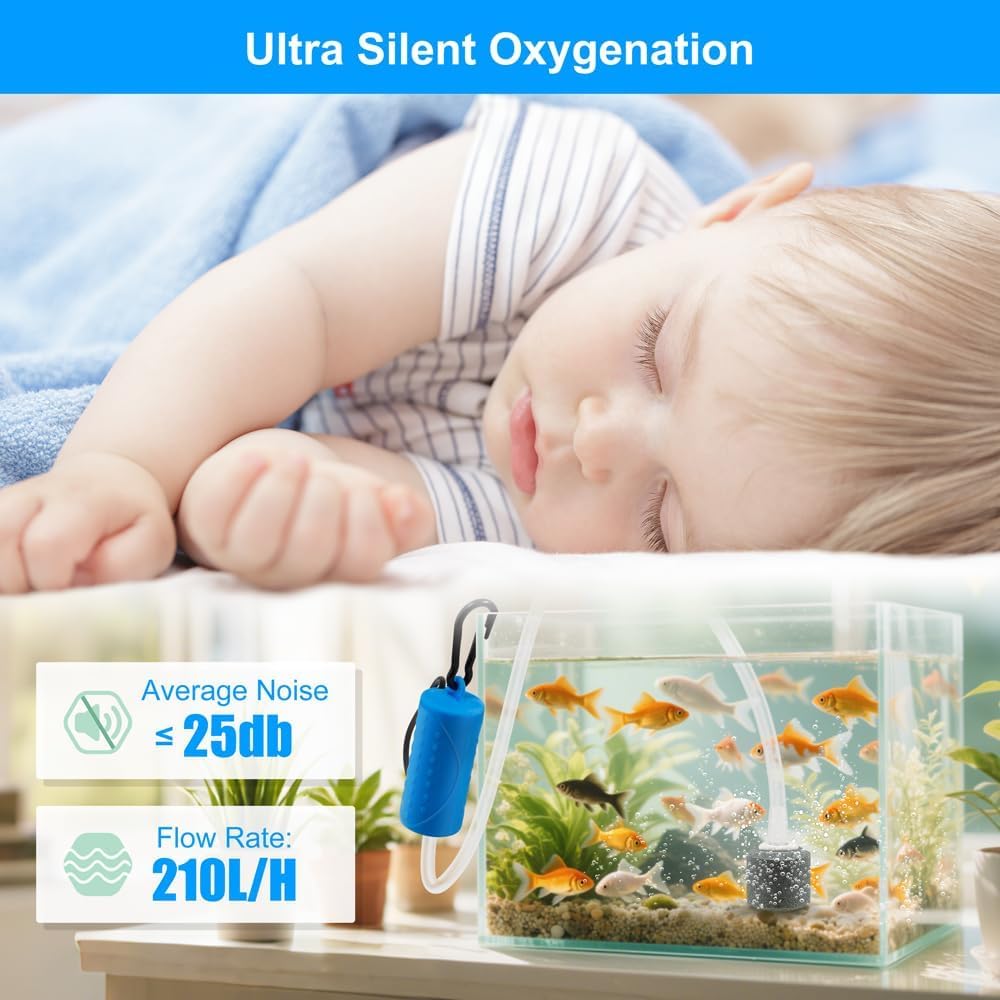 VAYINATO USB Mini Aquarium Air Pump – Ultra Quiet Oxygen Aerator with Hanging Clip, Airline Tubing & Air Stone – Portable & Energy-Efficient for Small Fish Tanks & Bowls