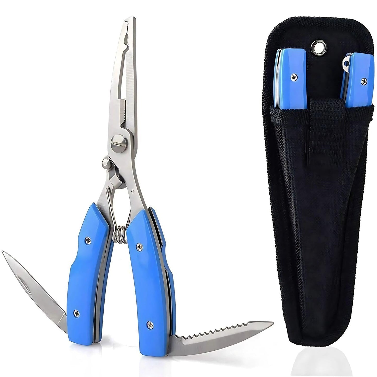 PetzLifeWorld Long Nose Fishing Pliers with Knife & Protective Cover – Rust-Resistant Multi-Tool for Hook Removal, Line Cutting, Split Ring – Stainless Steel Pliers for Saltwater/Freshwater Use