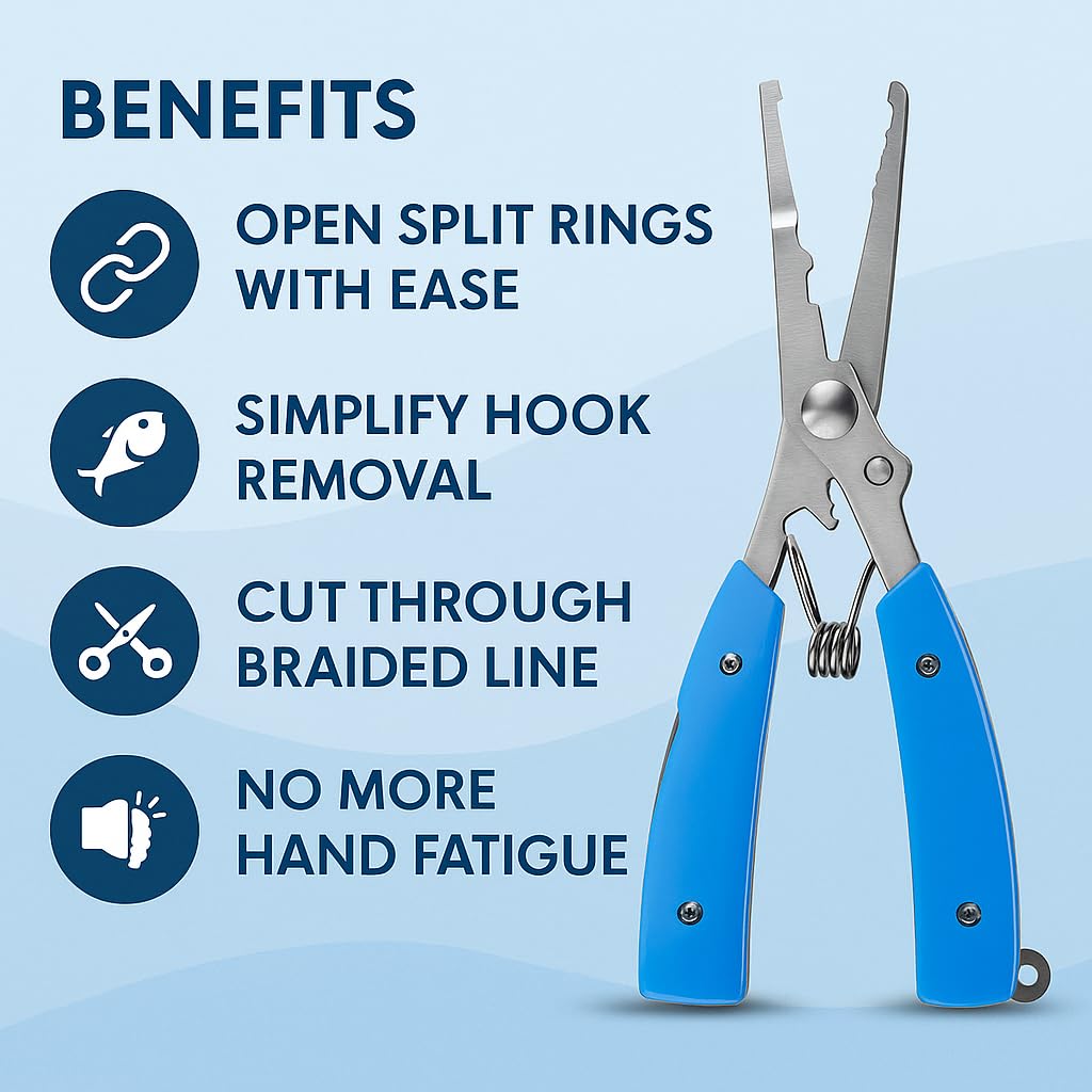 PetzLifeWorld Long Nose Fishing Pliers with Knife & Protective Cover – Rust-Resistant Multi-Tool for Hook Removal, Line Cutting, Split Ring – Stainless Steel Pliers for Saltwater/Freshwater Use